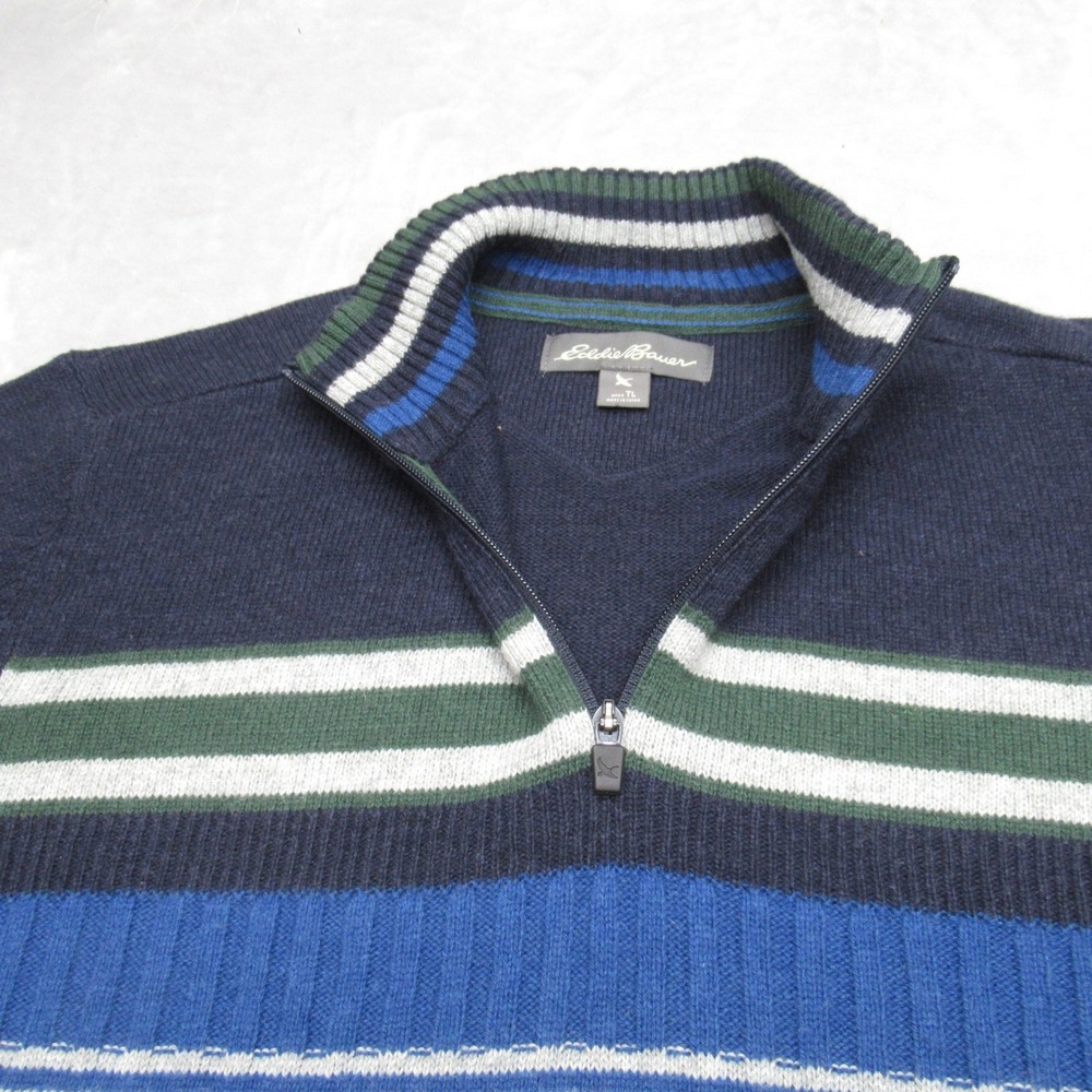 Eddie Bauer Sweater Tall Large Blue Striped 1/4‎ Zip Pullover Knit Wool Blend